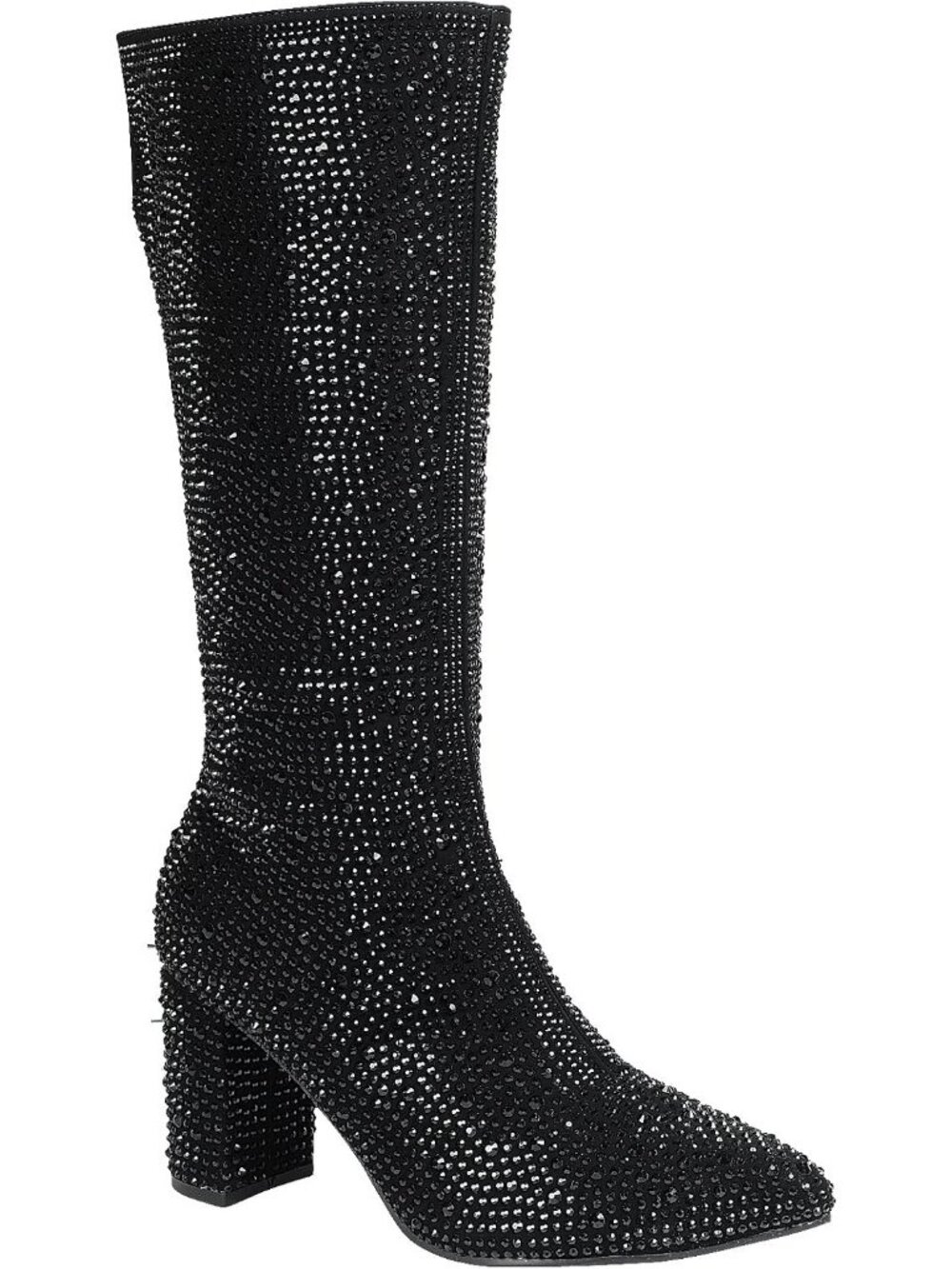 Women's Black Rhinestone Pull On Block Heel Square Toe Knee High Zip Ankle Boot